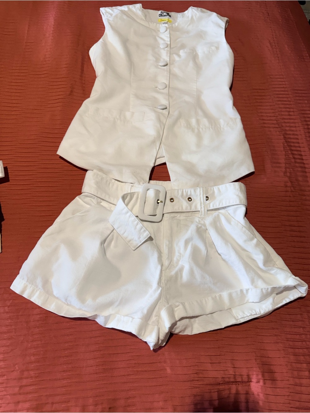 Sleeveless White Tailored Vest and High-Waist Belted White Shorts Set